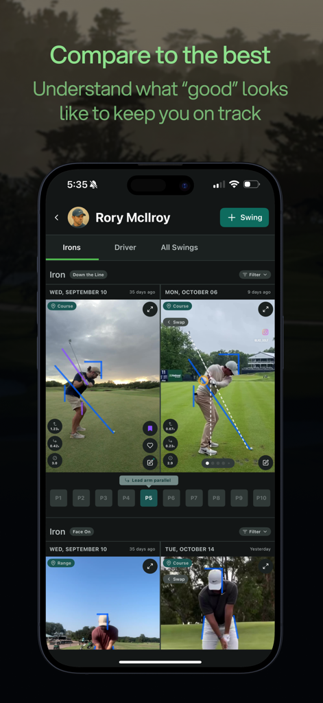 SwingReaction - Side by side golf swing comparison with pro Rory McIlroy in the SwingReaction app