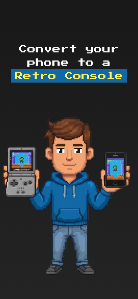 Pixel art illustration showing a man holding a classic handheld console and a smartphone running the same retro game.