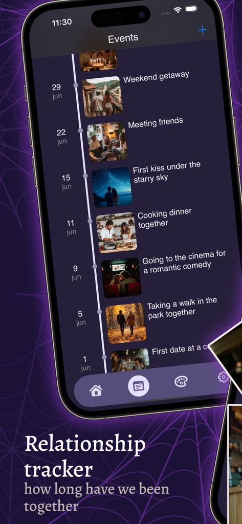 Relationship counter — My love - DuoDays 앱의 디지털 일기 타임라인 화면, 사진과 설명이 포함된 다양한 관계 이벤트 표시
