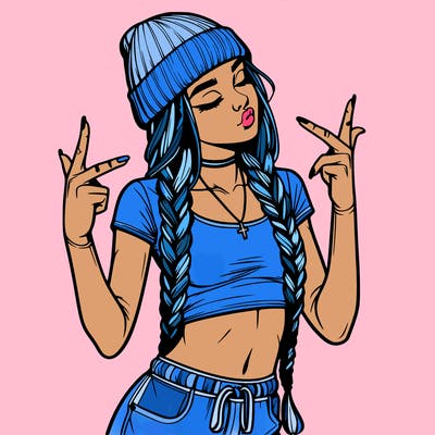 realistic teenage girl with braids and a beanie and crop top doing 🫶🏼