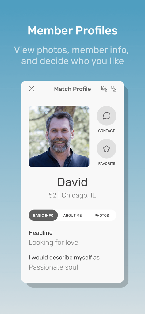 A member profile view in the Republican Singles Dating app featuring a male user photo and bio
