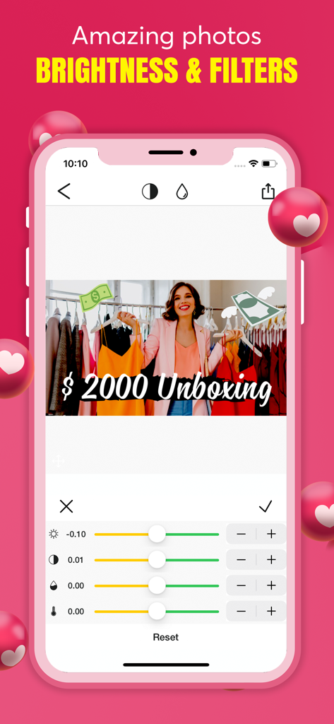 Thumbnail Maker Studio Editor - Interfaz móvil de la aplicación Thumbnail Maker mostrando controles deslizantes de ajuste de foto para brillo y filtros en una miniatura de unboxing de video.