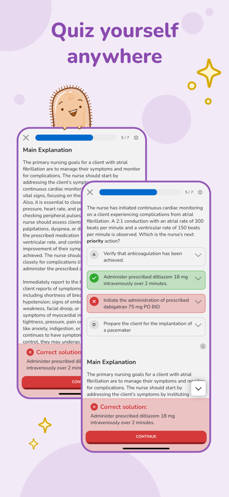 Mobile app interface showing nursing practice quizzes with detailed explanations for clinical questions