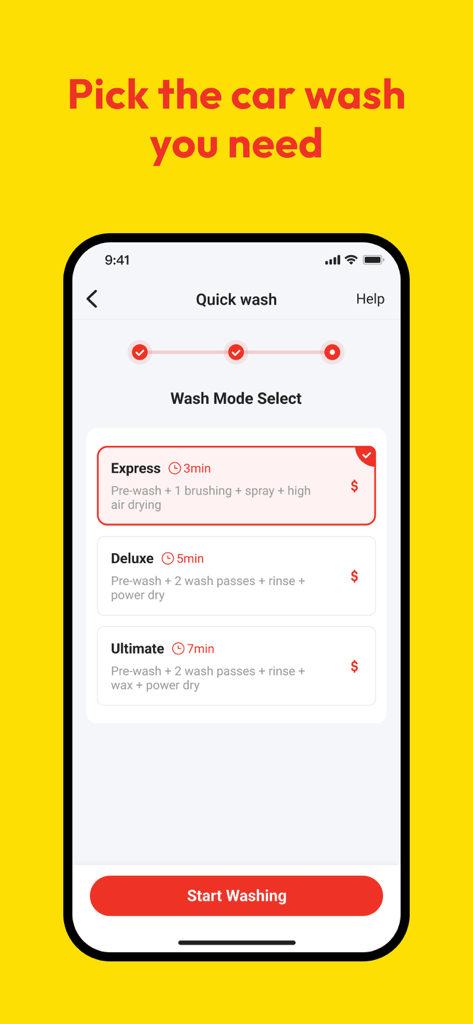 JETX Car Wash - Mobile app screen for JetX Car Wash showing wash mode selection for Express Deluxe and Ultimate packages