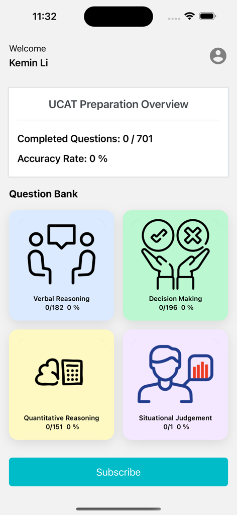 UCAT Preparation - UCAT Preparation app dashboard showing progress statistics and question bank categories for verbal reasoning and decision making