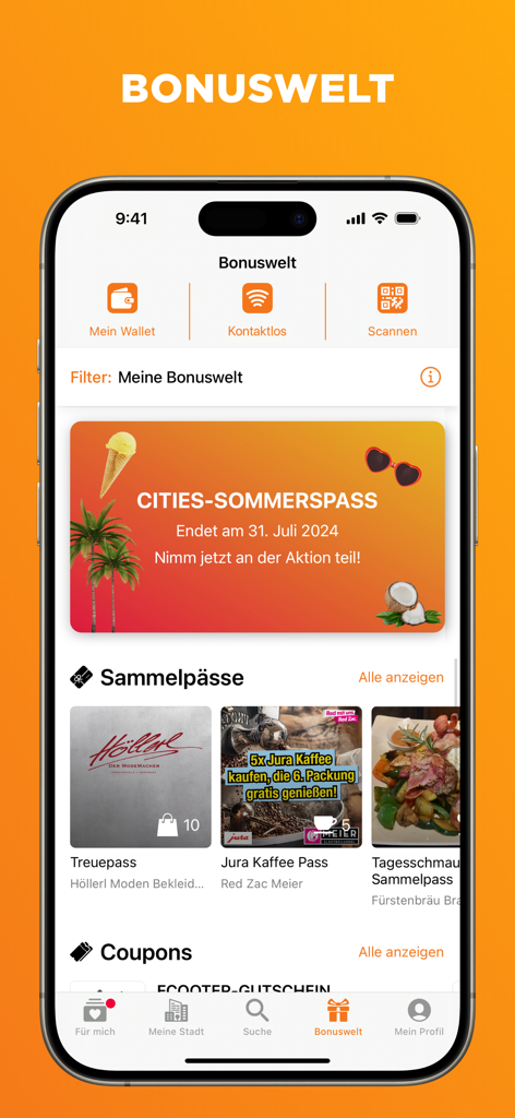 Der Bonus World-Bildschirm der CITIES App, der lokale Treuepässe und Gutscheine von Geschäften anzeigt.