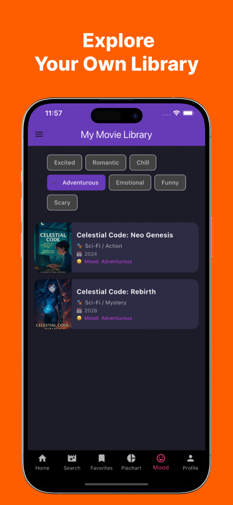 Screenshot of the AniStreamX app displaying a personalized movie library with mood-based filters.
