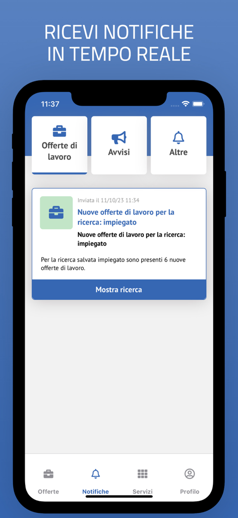 Lavoro per te Calabria - Interfaz móvil de Lavoro per te Calabria que muestra notificaciones de alertas de empleo.
