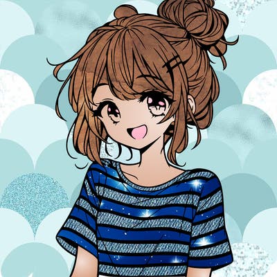 anime girl teenager striped shirt and smile and messy bun
