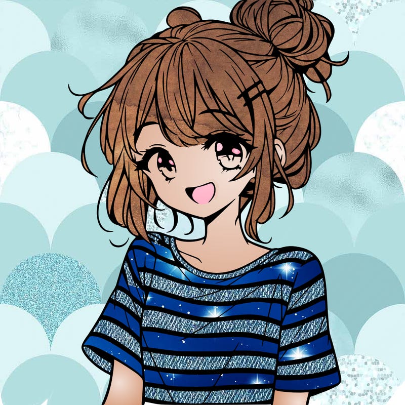 anime girl teenager striped shirt and smile and messy bun