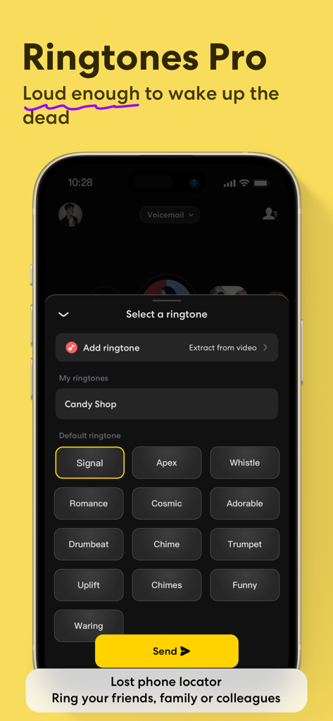 HeyPal - Walkie Talkie Pro - HeyPal app interface showing the Ringtones Pro selection screen for loud alerts and a lost phone locator feature.