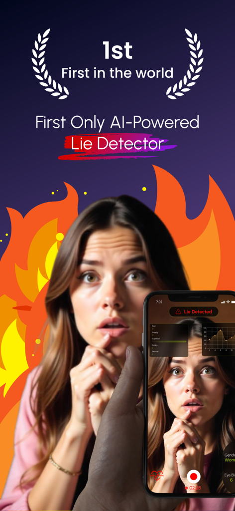 AI Lie Detector: Truth Test - A person being scanned by the AI Lie Detector app with a lie detected notification and facial analysis charts