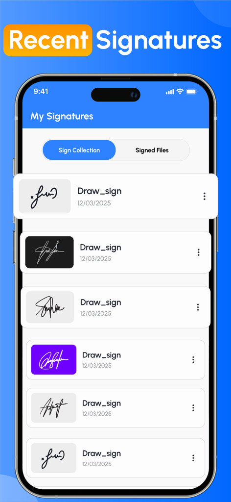 A list of saved digital signatures in various styles and background colors within the Signature Creator app interface.