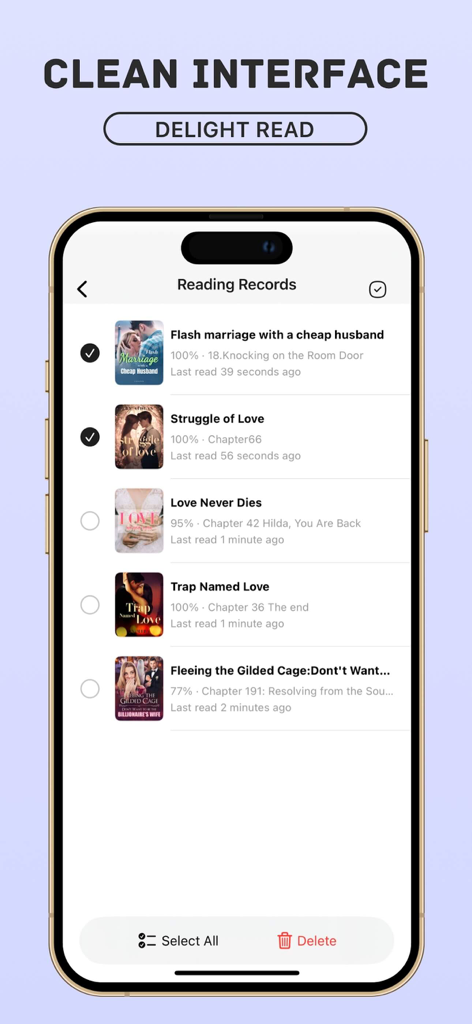 Pup Leer - Romance Novels - Pup Leerアプリに、ロマンス小説のタイトルと進捗状況が表示されたユーザーの読書記録リストのクリーンなインターフェースが表示されています
