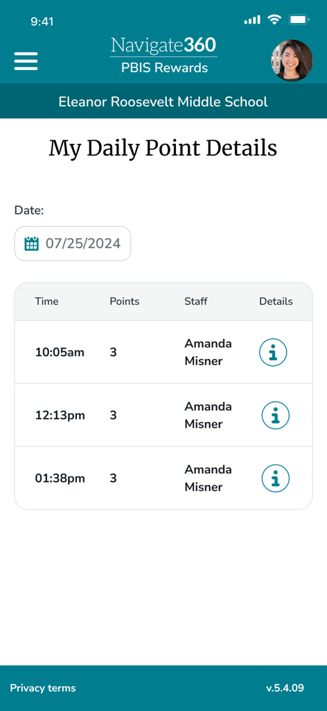 PBIS Rewards Student app displaying a daily log of points earned at school with timestamps and staff names
