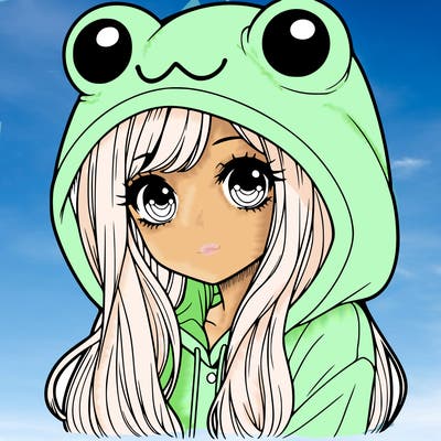 a pretty girl wearing a frog hoodie portrait with long hair