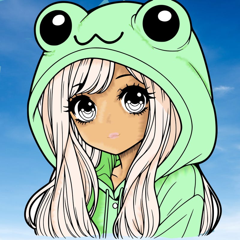 a pretty girl wearing a frog hoodie portrait with long hair