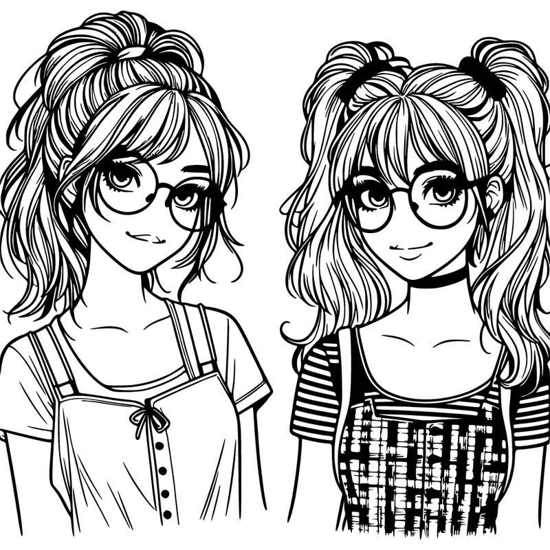 realistic two girls one with glasses and both with messy pony tails
