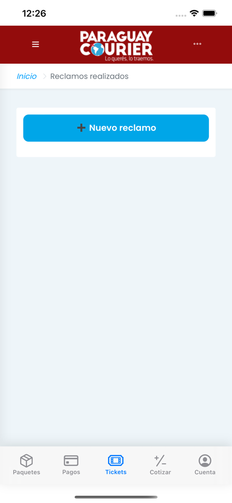 Paraguay Courier SRL - Paraguay Courier app interface showing the ticket management screen with a button to create a new claim