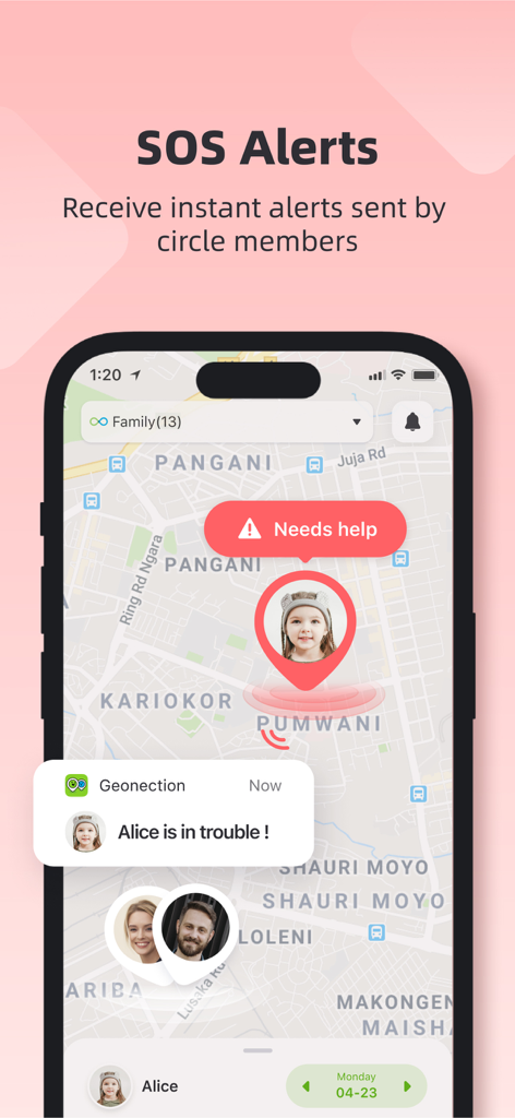 Geonection - Location Tracker - Geonection app screen showing a real-time SOS alert notification and the location of a family member on a map