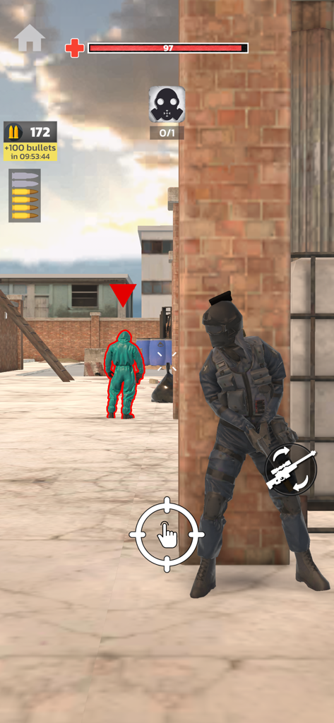 SWAT Tactical Shooter - A SWAT officer in tactical gear aims at a highlighted enemy from behind cover in an urban setting