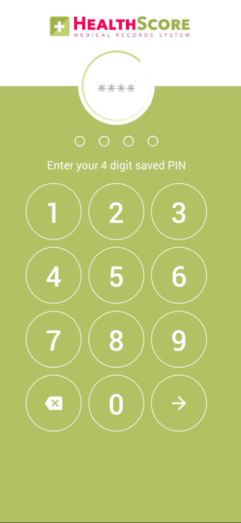 HealthScore - HealthScore app login screen with numeric keypad for PIN entry