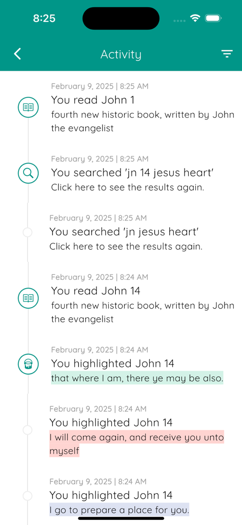 ionBible: Read, Study & Listen - ionBible app activity screen showing user reading history and highlighted verses