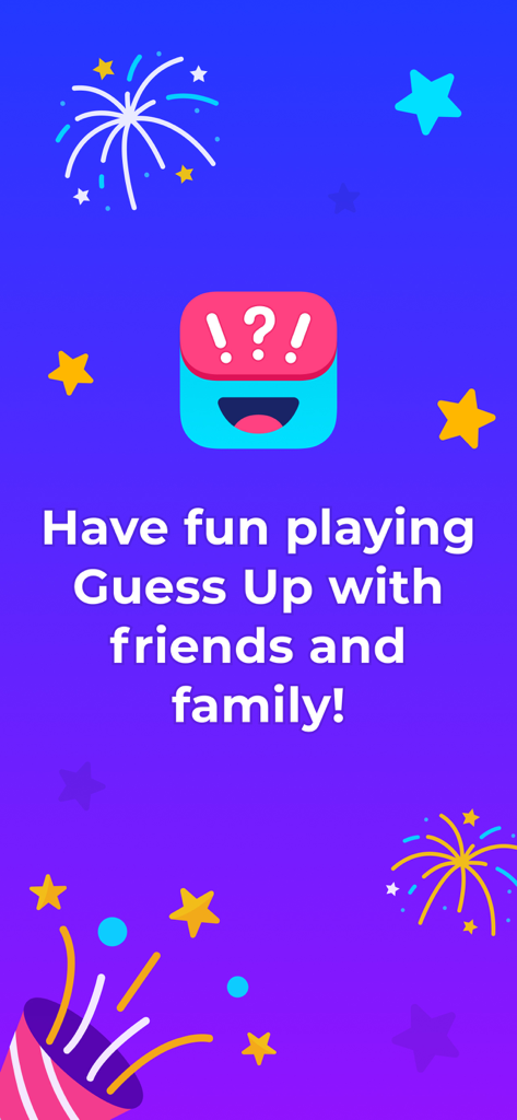 Guess Up charades game welcome screen with festive fireworks and stars