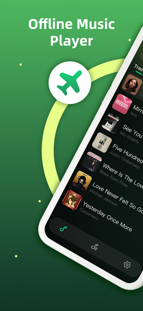 Offline Music Player MP3 Stube - Offline Music Player interface with track list and airplane mode icon