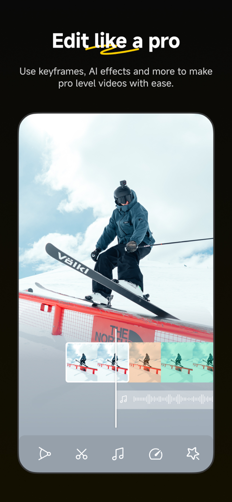 Insta360 - Oberfläche der Insta360-Mobil-App, die professionelle Videobearbeitungswerkzeuge mit einem Ski-Action-Clip zeigt