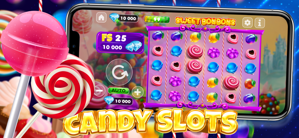 Lucky Spin Casino: 777 Slots - Sweet Bonbons candy themed slot machine gameplay on a mobile phone