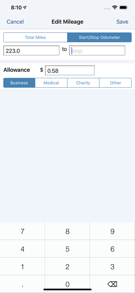 MileTracker - MileTracker app screen for manual mileage and odometer entry