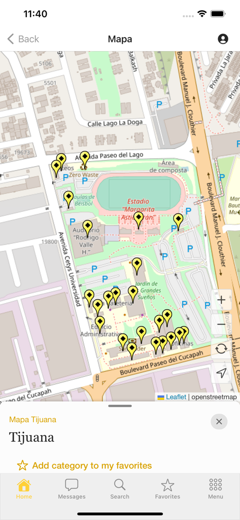 Mobile app interface showing an interactive map of the CETYS Universidad Tijuana campus with pins marking university buildings and facilities