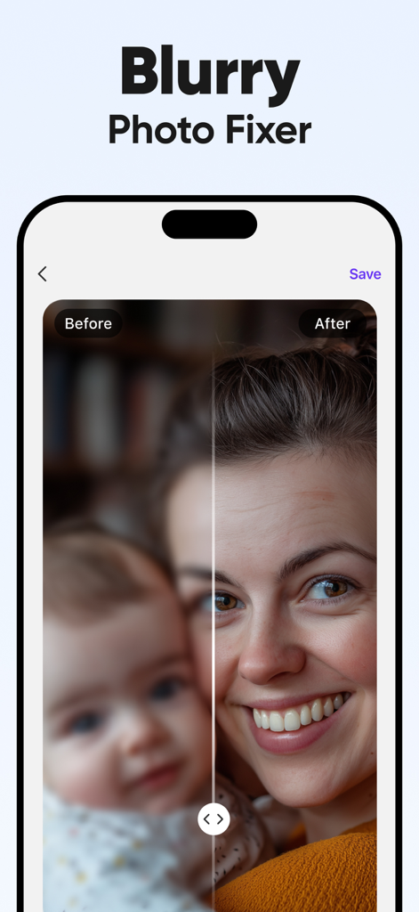 AI 사진 향상기로 수정 중인 어머니와 아이의 흐릿한 사진 전후 비교