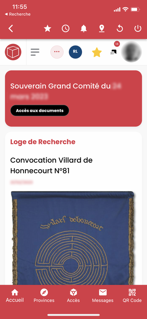 EgRegius - Écran d'accueil de l'application EgRegius présentant les nouvelles de la loge GLNF et les activités des membres