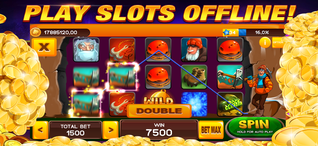 Golden Club 777 mobile slot game interface with a mountain climber theme and offline play notification