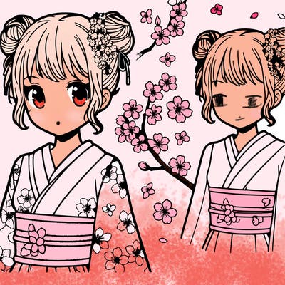 manga girl with sakura dress on and buns on her hair