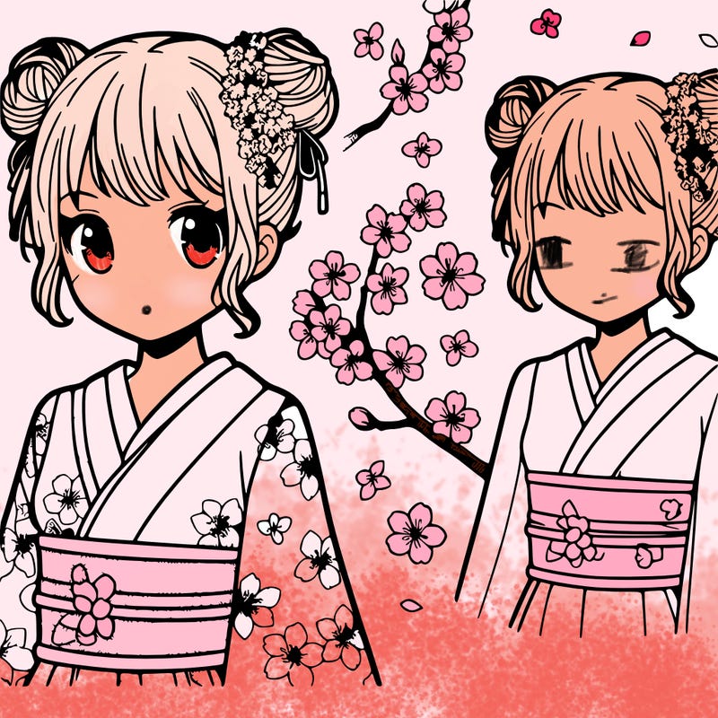 manga girl with sakura dress on and buns on her hair