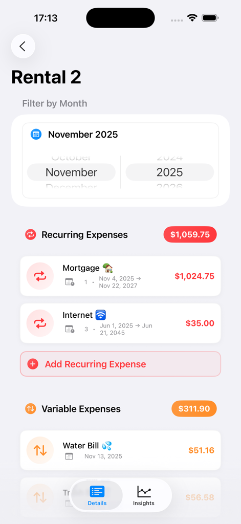 Rent Easy Ledger - Rent Easy Ledger app interface displaying monthly recurring and variable expenses for a rental property