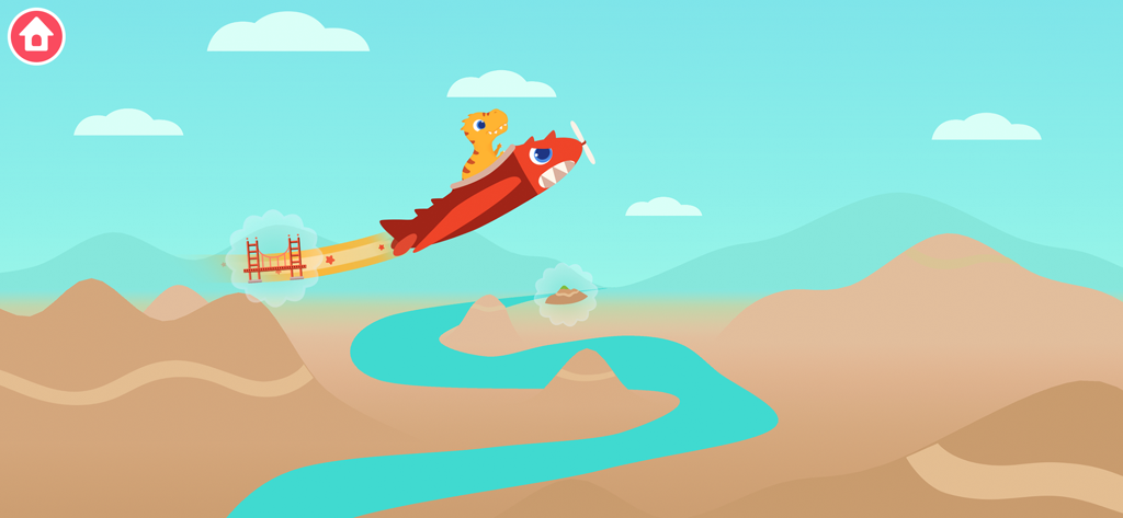 Un dinosaure de dessin animé pilotant un avion rouge au-dessus d'un paysage avec une rivière sinueuse et des montagnes