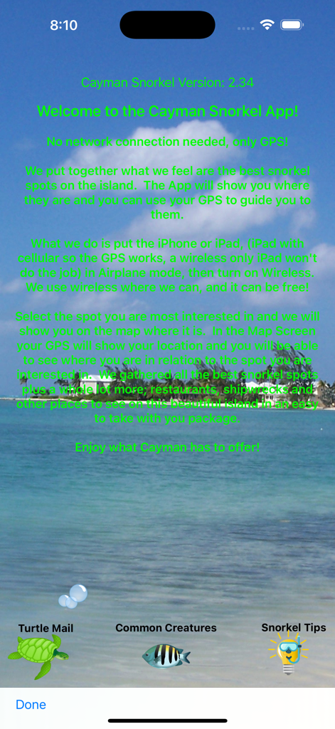 Welcome screen of the Cayman Snorkel app displaying offline navigation features and tropical beach background