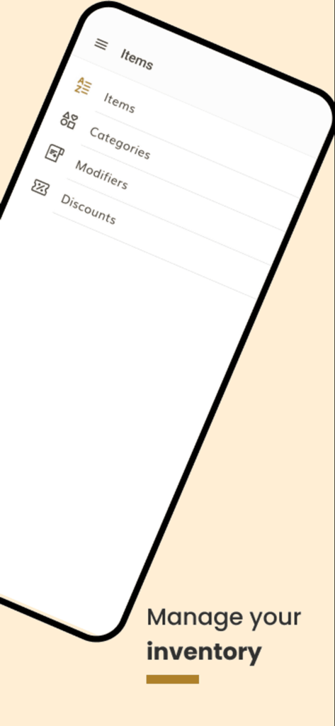 Waychit POS - Waychit POS inventory management screen showing options for items categories modifiers and discounts