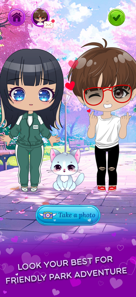 Chibi Dress Up Beauty Salon - Dois personagens chibi personalizados e um gatinho fofo em um parque ensolarado com flores de cerejeira.