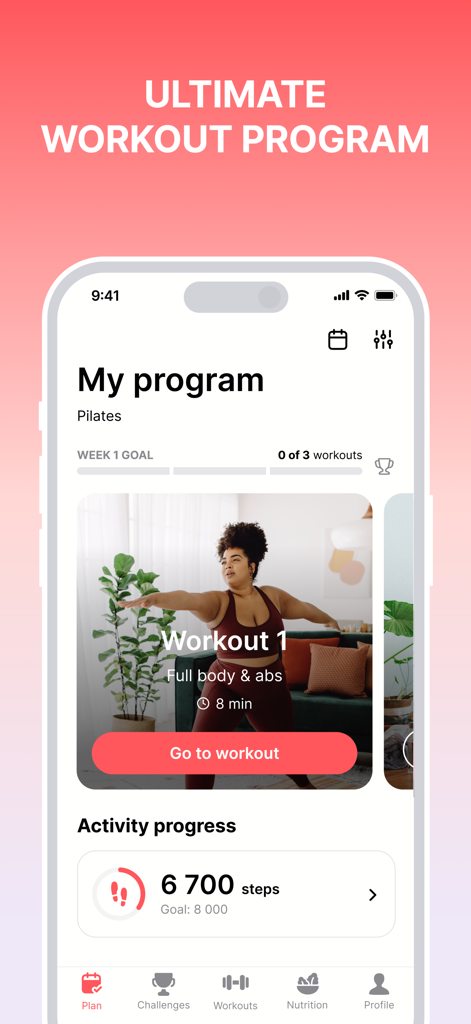 Organic Fit: Workout for Women - A mobile screen showing a personalized Pilates workout plan and daily step tracker progress for women