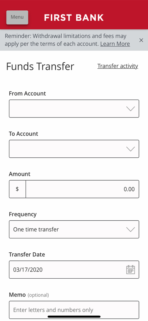 Oberfläche der First Bank Digital Banking Mobile App für die Überweisung von Geldern zwischen Konten mit Feldern für Betrag und Häufigkeit