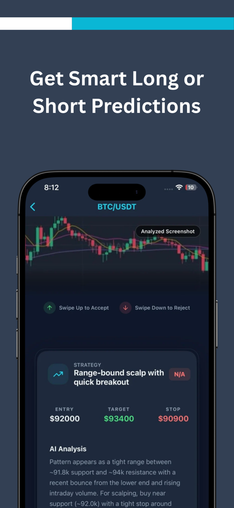 Snap Trade: Scan & Track - Interface do aplicativo Snap Trade mostrando previsões de cripto com tecnologia de IA e análise de gráfico BTC