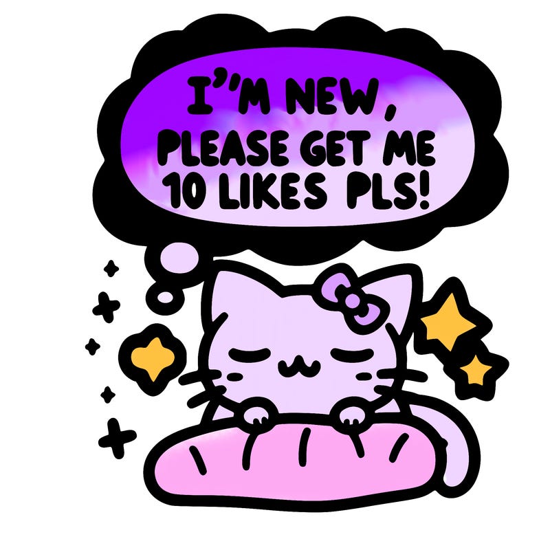 kitty taking a nap dream talking and saying "i'm new, please get me at least 10 likes pls!!"
