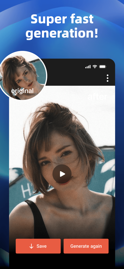 Dreamy - AI Video Generator - Ein Porträt einer Frau, das von einem statischen Bild in ein Video mit Dreamy KI verwandelt wurde, mit der Kennzeichnung 'Super schnelle Generierung'.