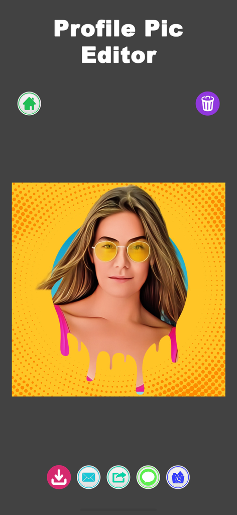 AI Cartoon Photo Maker Zoocy - AI-generated cartoon profile picture of a woman with yellow sunglasses on a pop art background