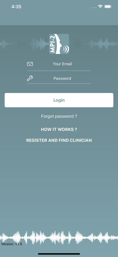 MPI-2吃音治療アプリのログイン画面、サインインまたは臨床家を探すオプションがあります。